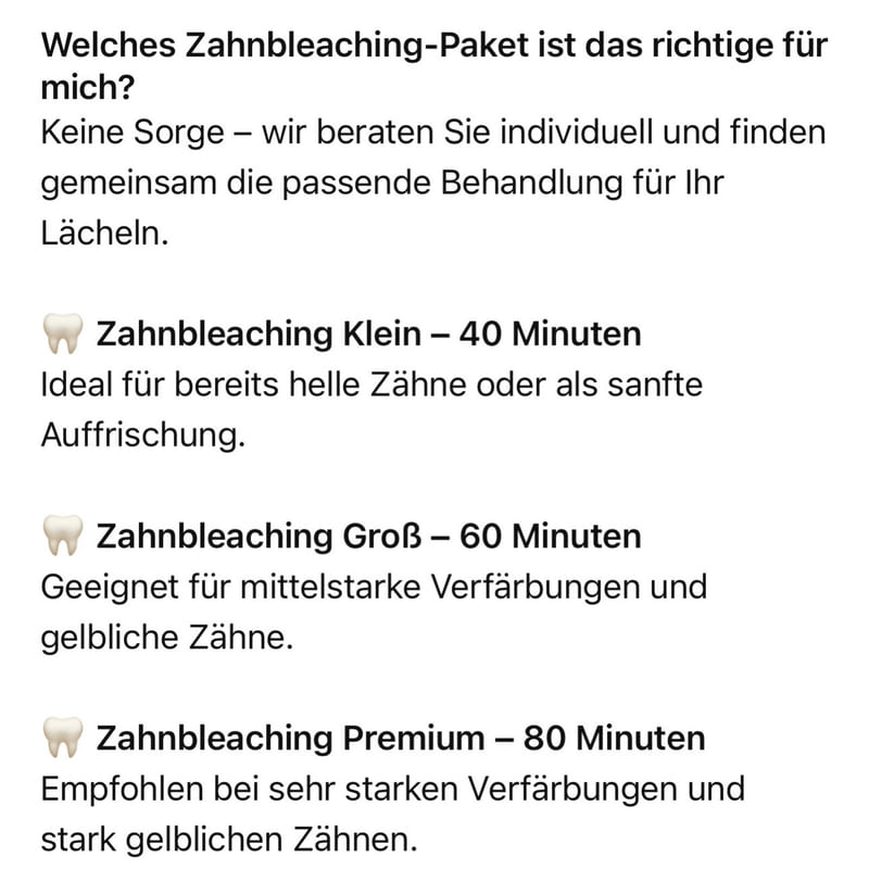 Beitrag mit den drei Bleaching-Paketen Klein, Groß und Premium